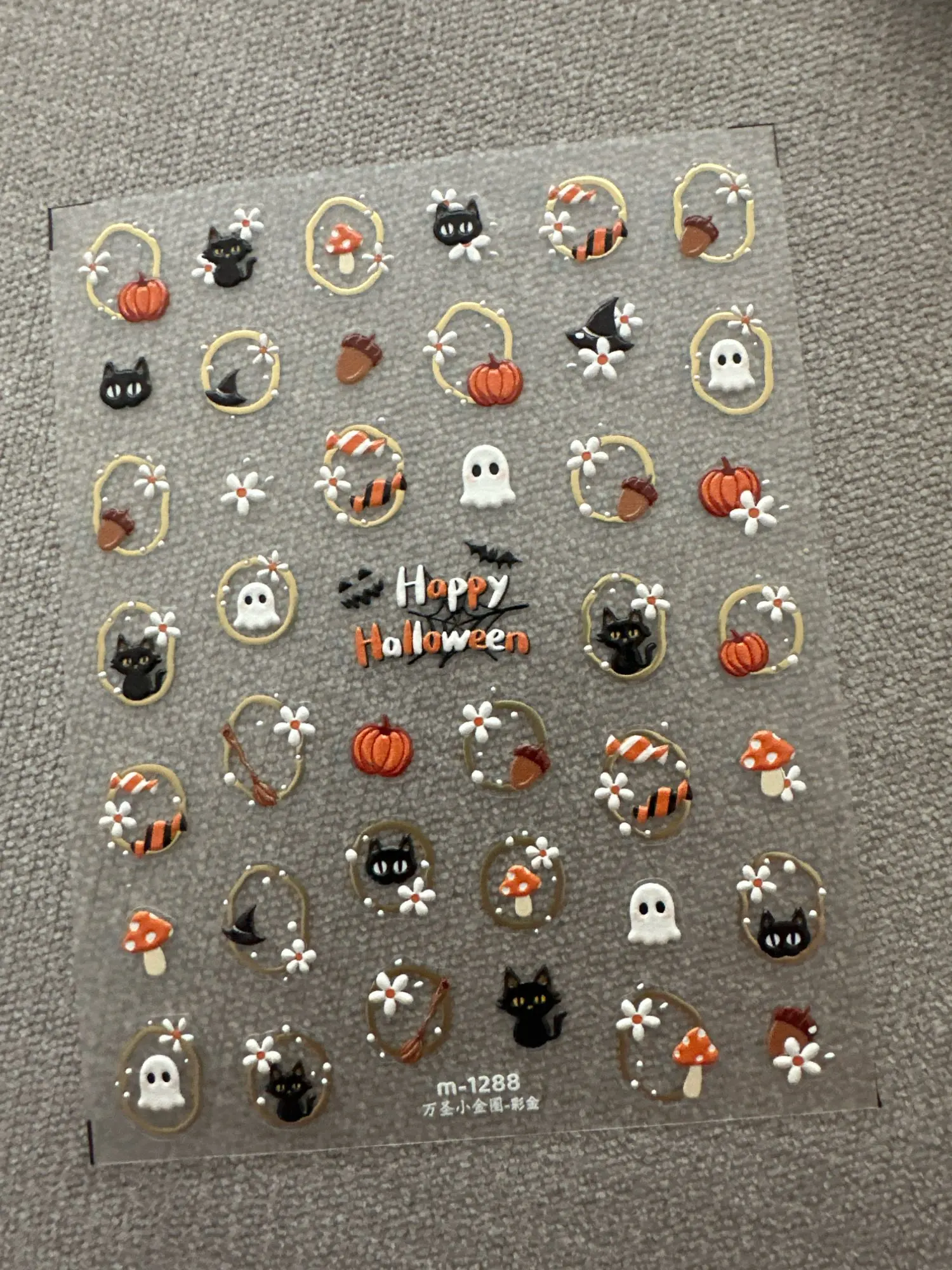 5D Embossed Halloween Nail Stickers Self‑Adhesive Nail Decals with Ghost Pumpkin Cat Mushroom Patterns Gold‑Trim Manicure Slider photo review