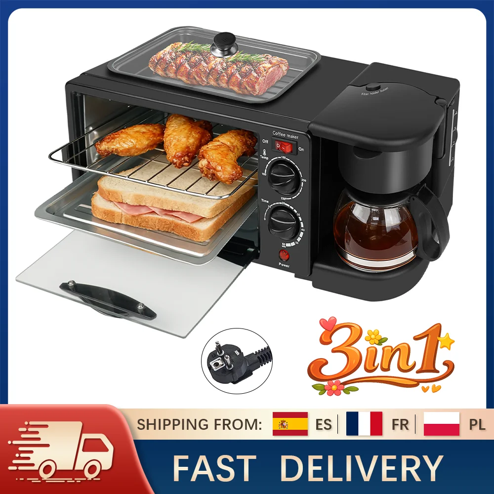Machine à petit-déjeuner 3-en-1 avec cafetière 600 ml, four 9 L et poêle à frire, appareil de cuisine compact 220 V pour saucisses, steaks, pain et café