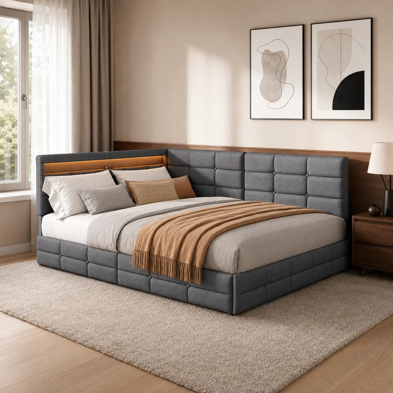 Canapé-lit avec rembourrage moelleux, 140x200 cm, en forme de L, en lin, lit double avec 2 tiroirs, adapté aux jeunes et aux adultes, sans matelas, Gris