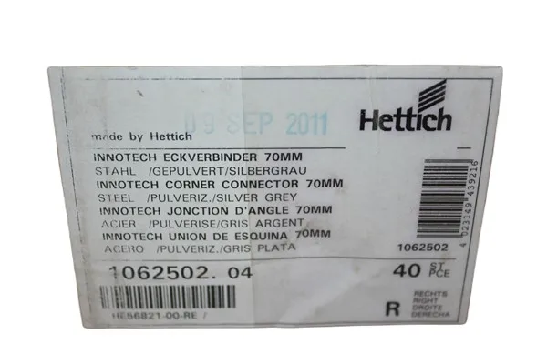 40 Pcs Hettich 1062502 Corner Connector InnoTech Atira 70mm Silver Right, Durable Cabinet Drawer Fitting