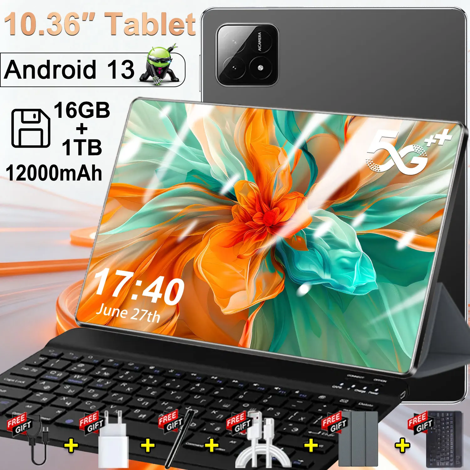 Tablet PC 5G Android 13 con Google Play, 14 Núcleos, 10.36 Pulgadas, Cámaras Duales, Doble SIM, Llamadas Telefónicas, Tablets con