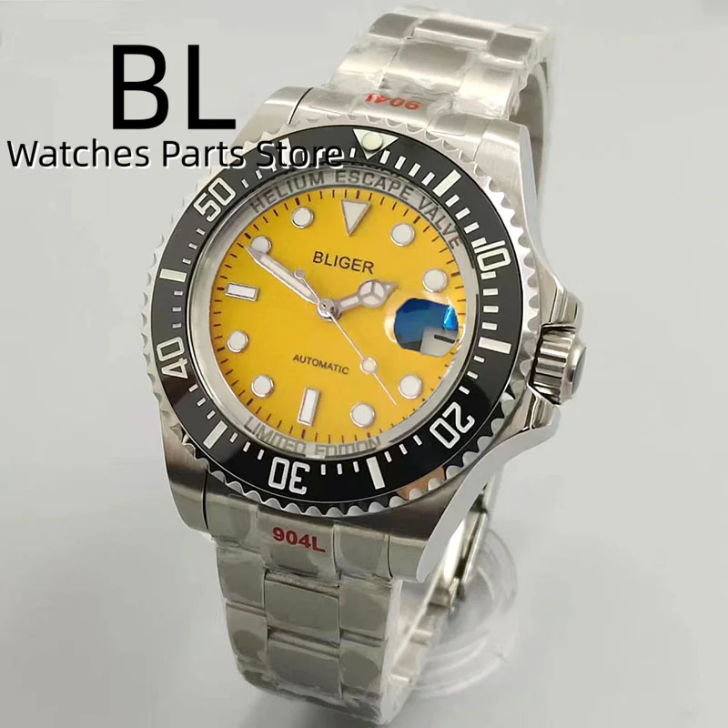 Bliger 43Mm Dive Horloge Voor Mannen Nh35 Miyota 8215 Pt5000 Ar Coating Saffier Glas Vergroot Datum Groen Lichtgevende Keramische Bezel