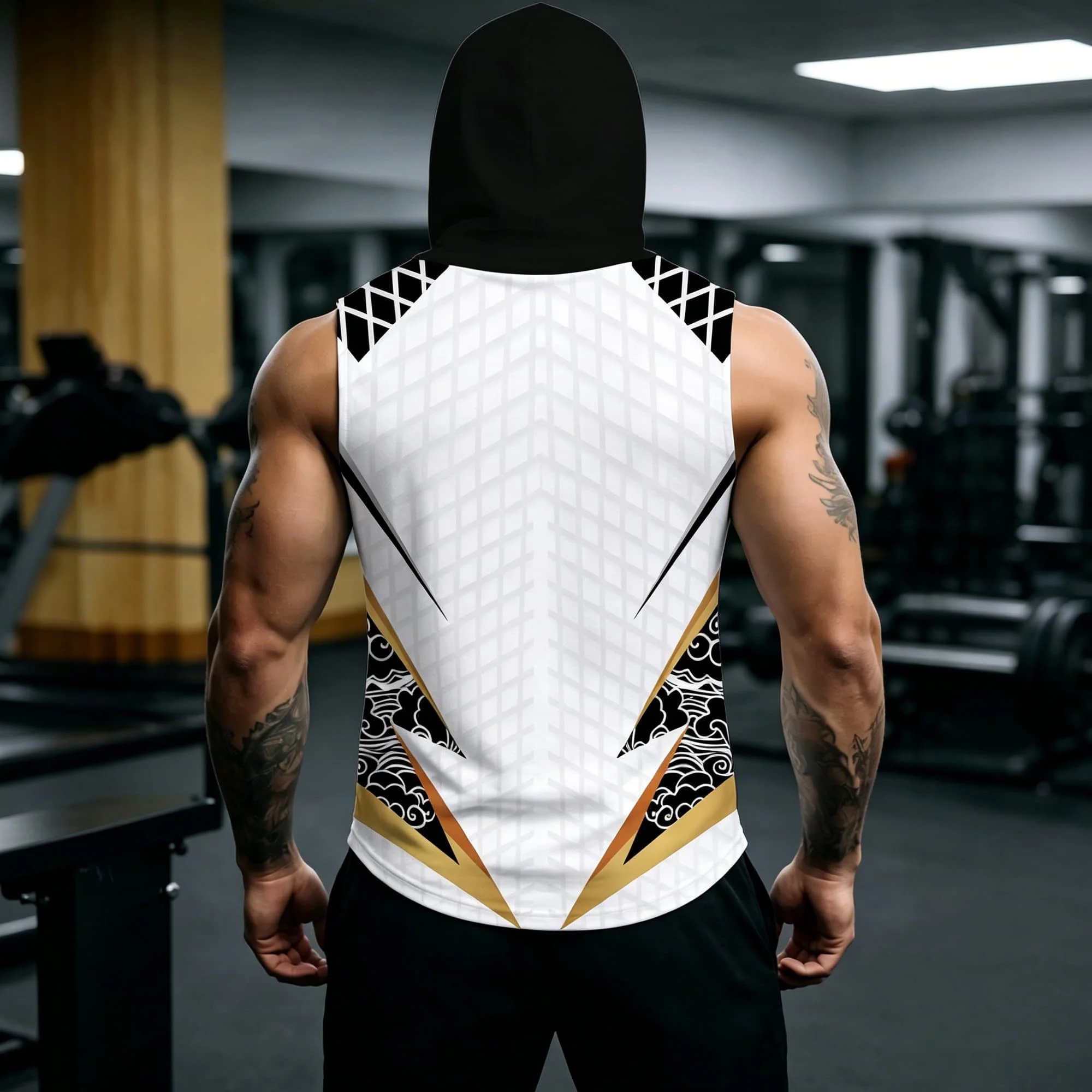Oversized Sleeveless Hood Tank Top Men White Grid Background Black Gold Chinese Cloud Decor Breathable Summer Gym Casual Vest
