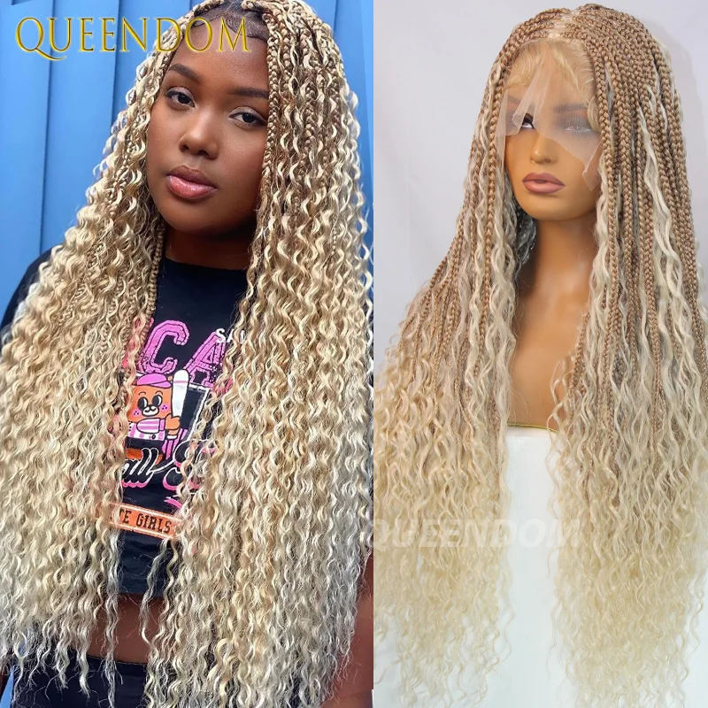 Synthetic Box Braided Wigs Full Lace Front Wigs 32 Inches Bohemian Braids Wig For Black Women Blonde 613 Knotless Cornrow Wigs