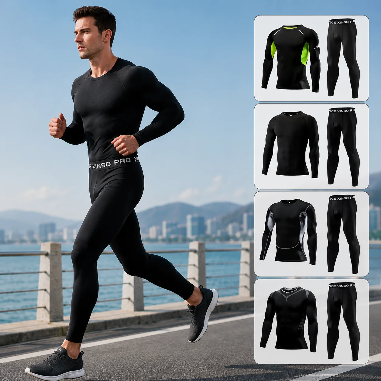 Men's Autumn Winter Compression Sports Set 2PCS Long Sleeve Shirt & Tights Gym Strength Muscle Training Quick Dry Running Suit