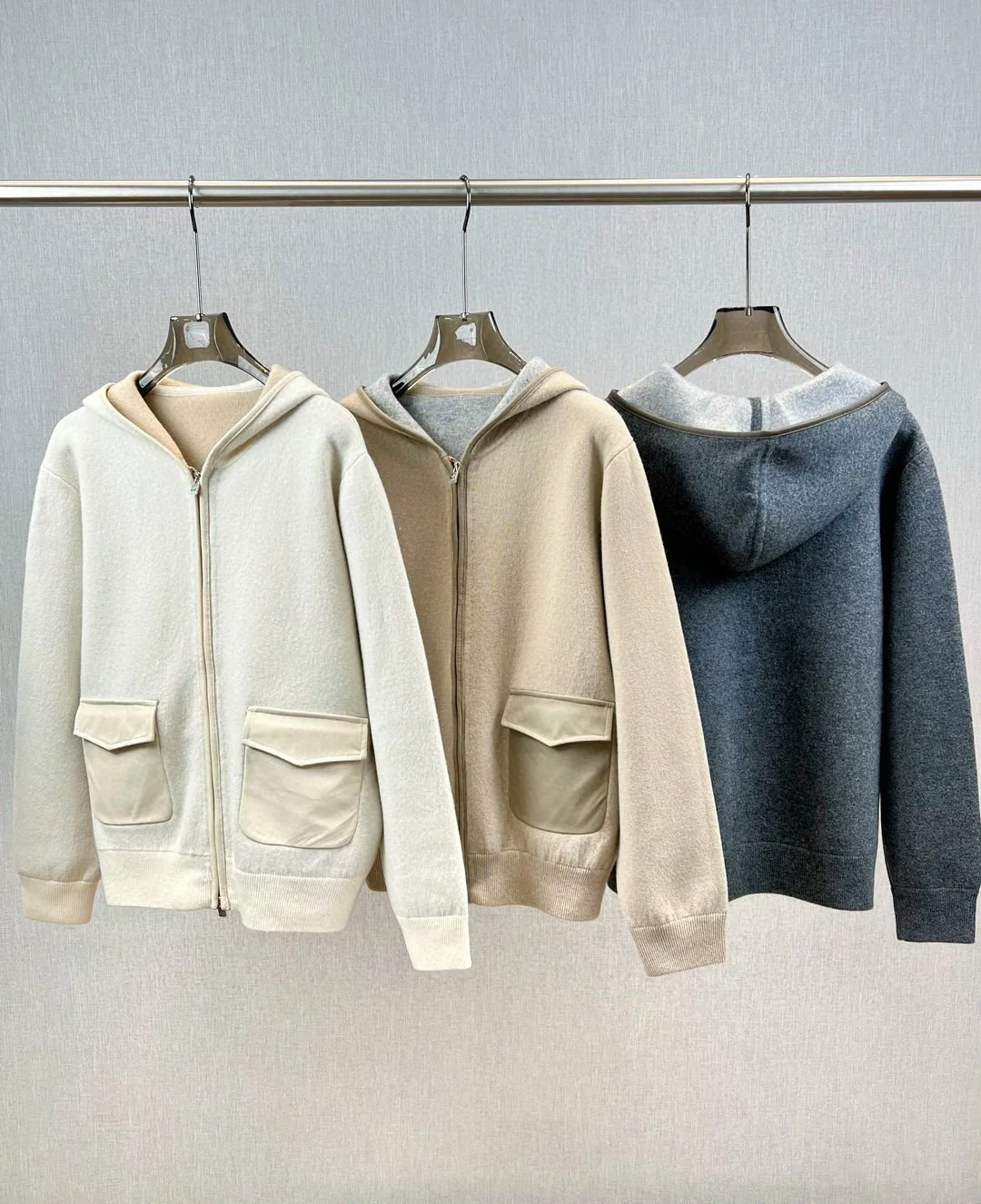 

Autumn casual luxurious solid color pure cashmere zipped hooded knitted jacket