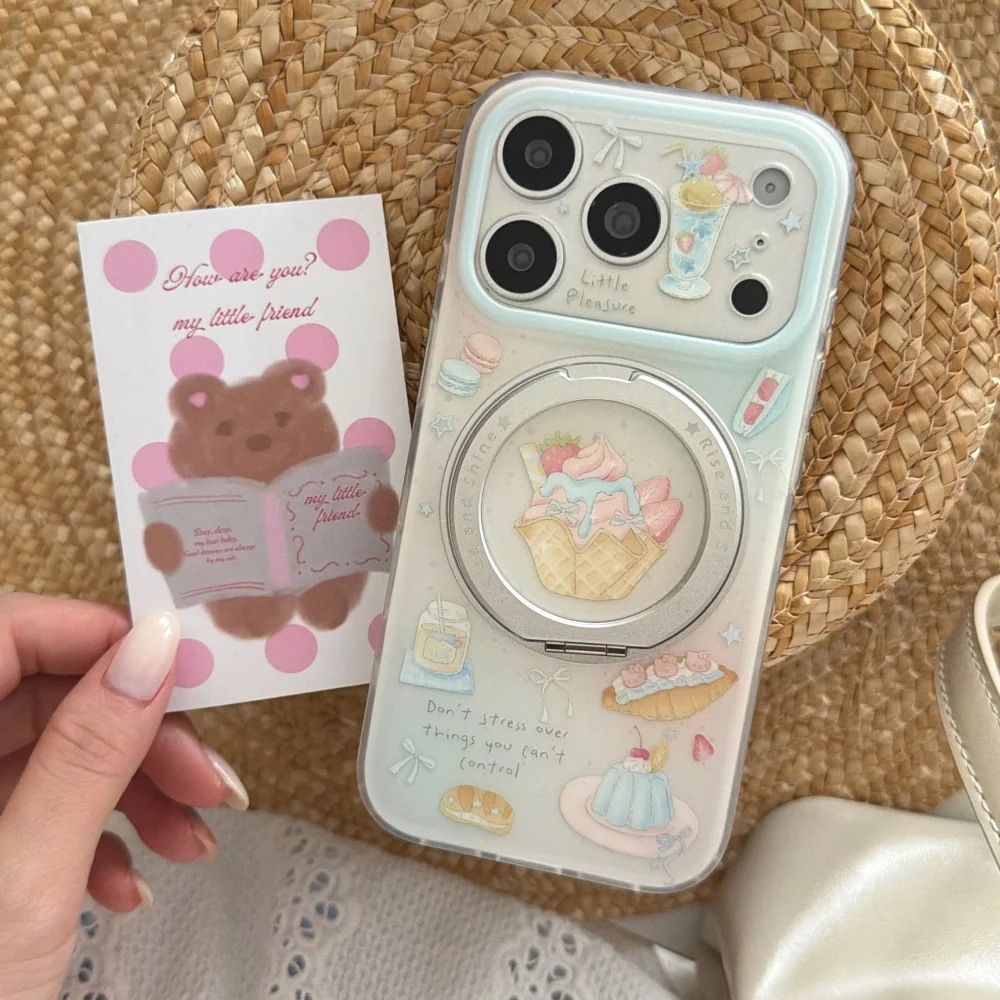 

INS Cake Print Phone Case with Magnetic Stand for iPhone 17 Pro 16 Max 15 16 17 Pro Max 15 16 Pro Sweet and Cute Protective Case