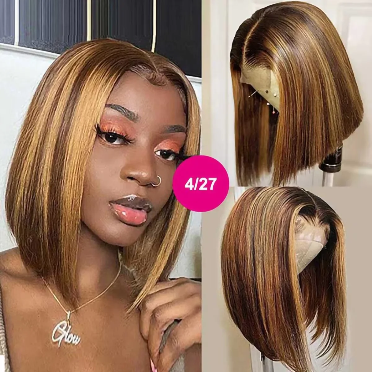 

P4/27 Highlight Bob Wig Human Hair 13x4 HD Transparent Frontal Lace Wig Short Bob Wig Human Hair Ombre Lace Front Wig For Women