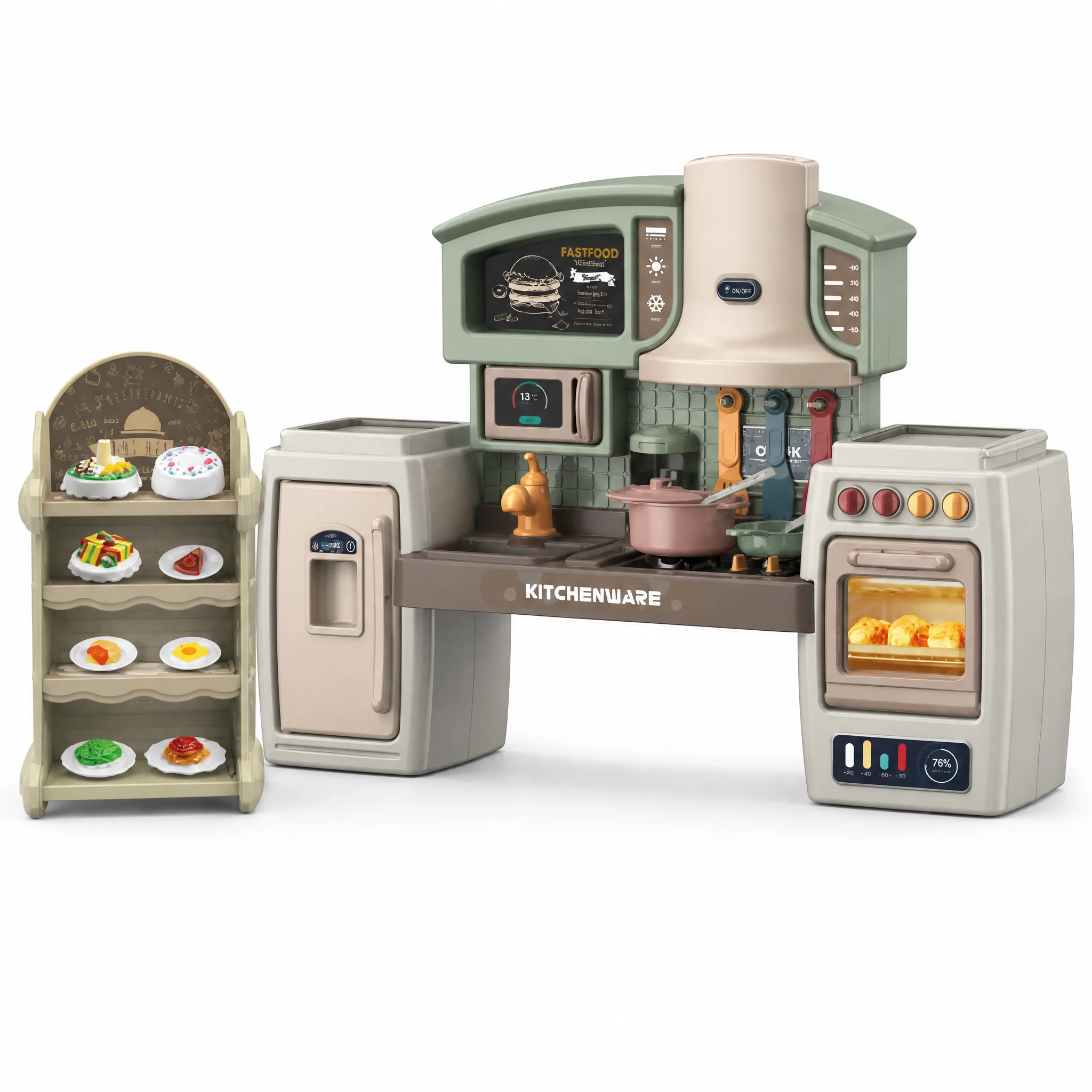 Modulaire kinderkeuken met oven, koelkast, verlichting en muziek; speelgoedkeukenset met diverse accessoires