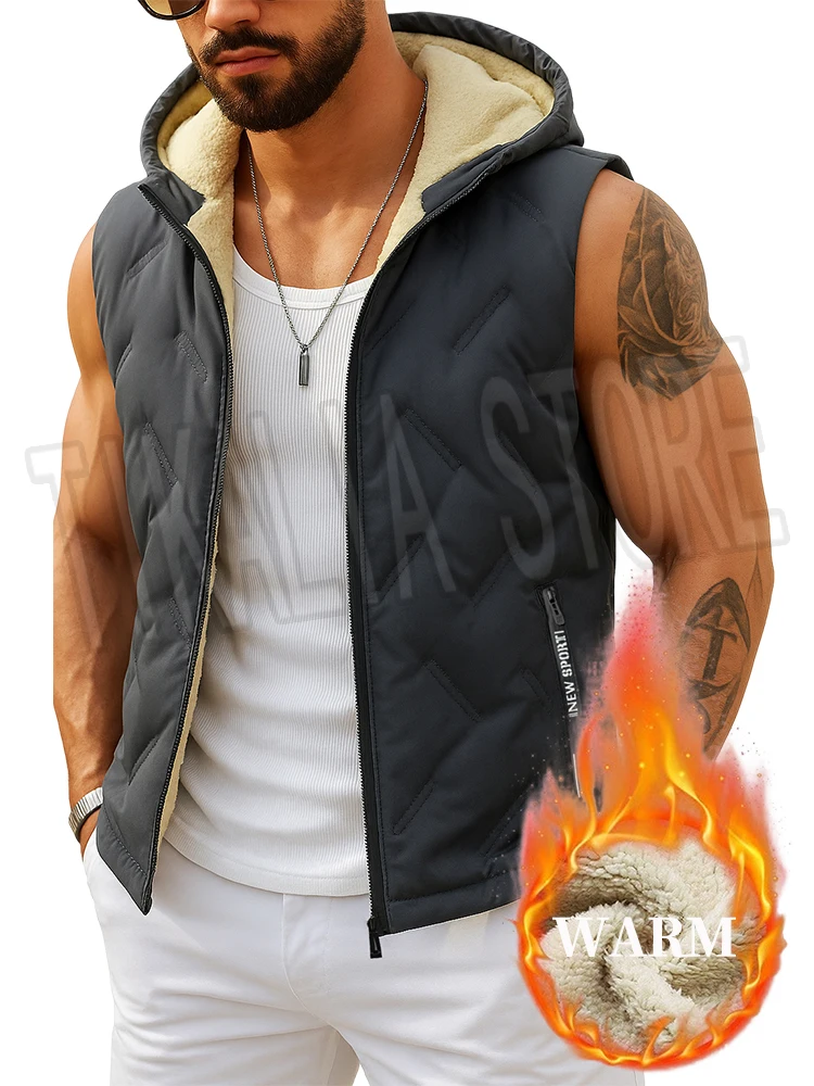 

Men’s Hooded Vest Fleece Lined Warm Winter Sleeveless Jacket Cotton Padded Zip Up Waistcoat Casual Outerwear for Cold Weather