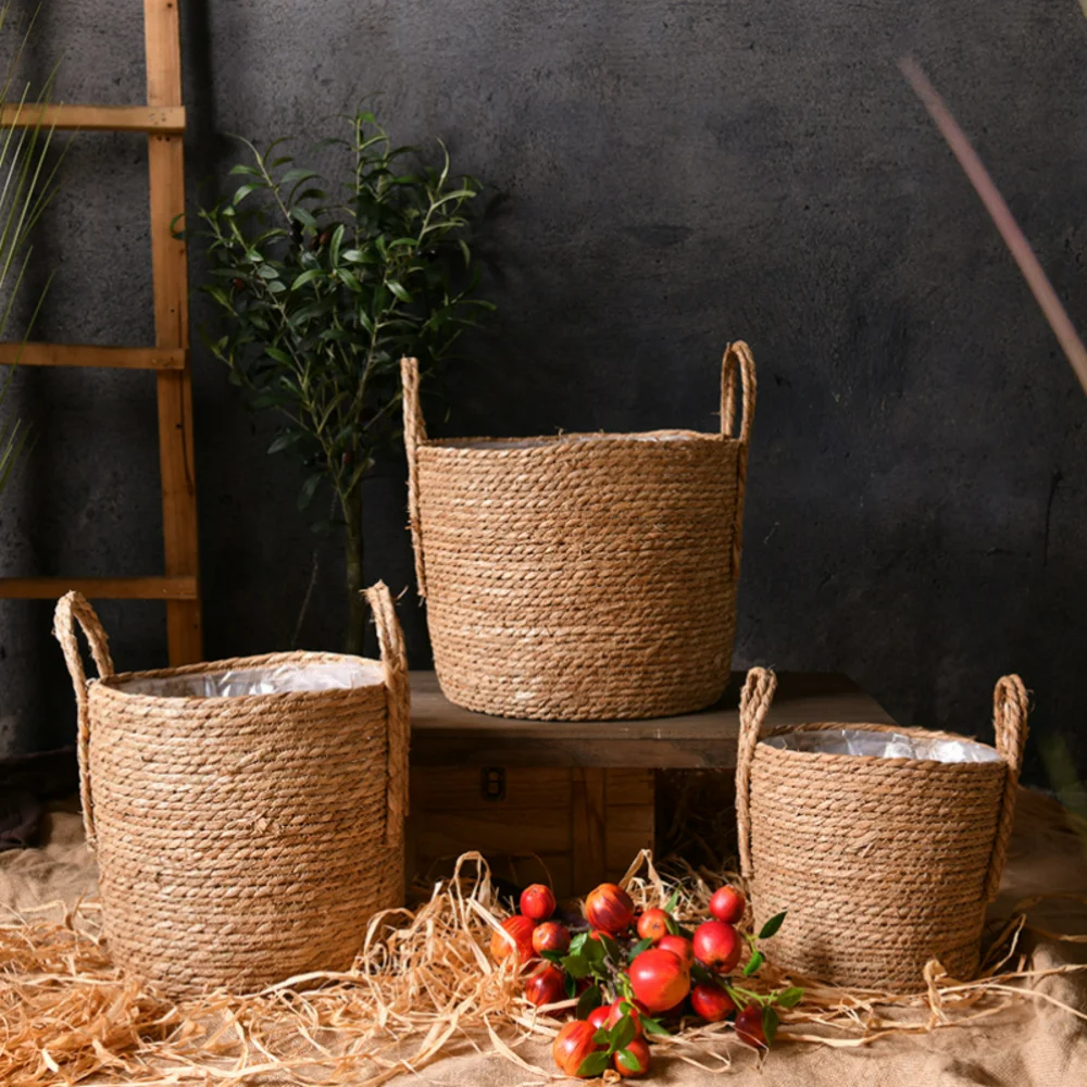 

Nordic Hand-Woven Straw Bamboo Basket Willow Hand Basket Rattan Basket Storage Green Plant Flower Pot Vase Flower Utensil