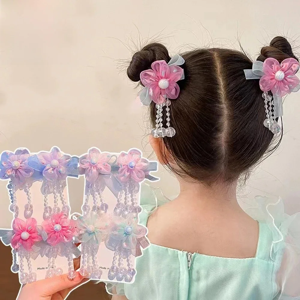 Coiffure Hanfu pour enfants, pompon fleuri, Clip de Style ancien, accessoires pour cheveux, épingle à cheveux pour petite fille de Style chinois