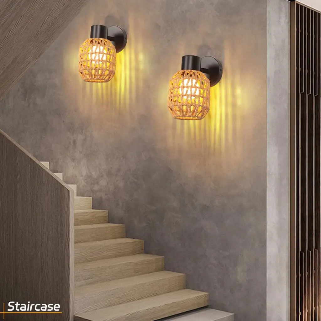 الرجعية حبل القنب المنسوجة الجدار الشمعدان خمر الجدار ضوء الإضاءة الروطان النسيج أباجورة بار غرفة المعيشة غرفة نوم ديكور المنزل E27 #2