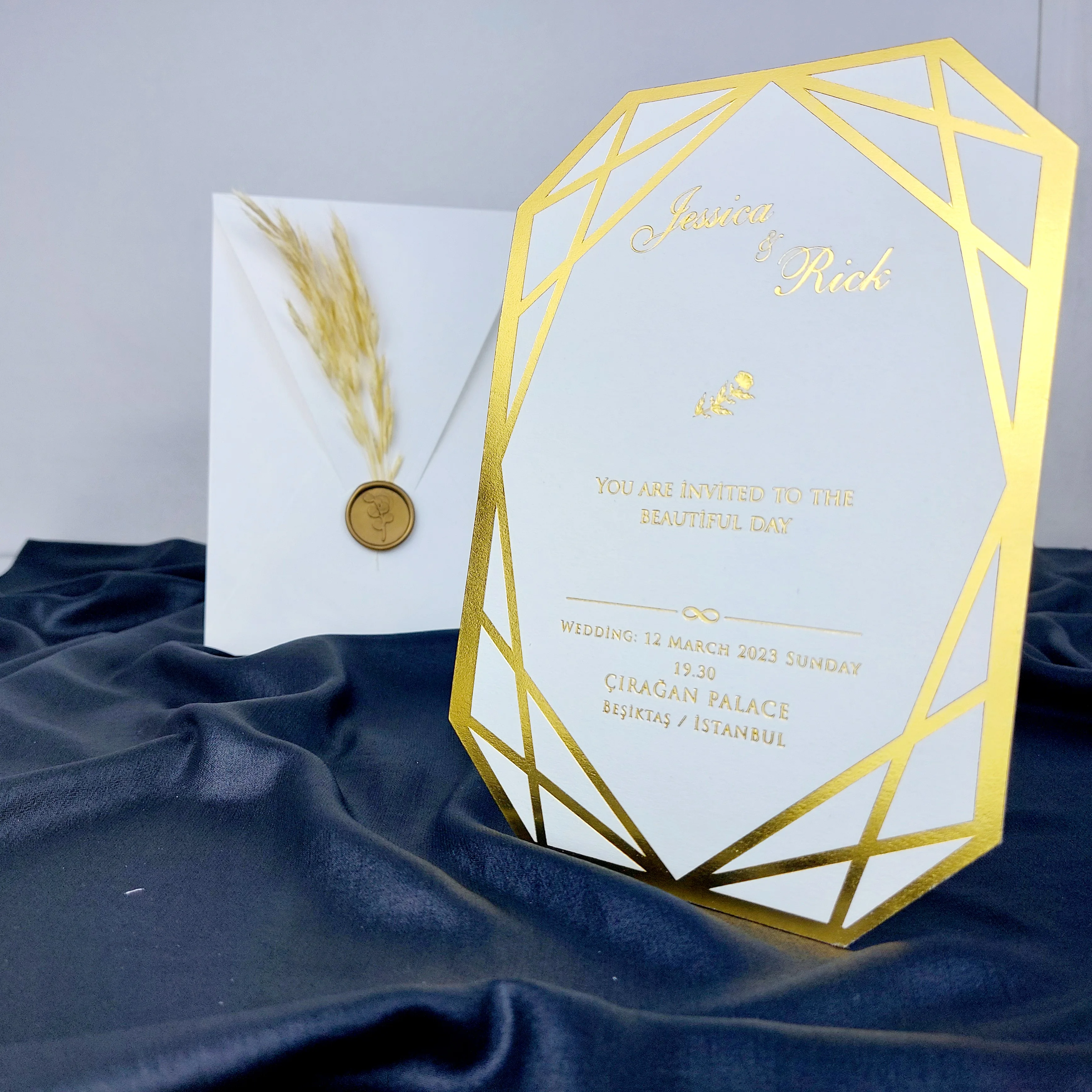 Wedding Details Card, Minimalist Wedding Invitation, Custom Wax Seal, Wedding Invitation with RSVP, Gold Foil Texture