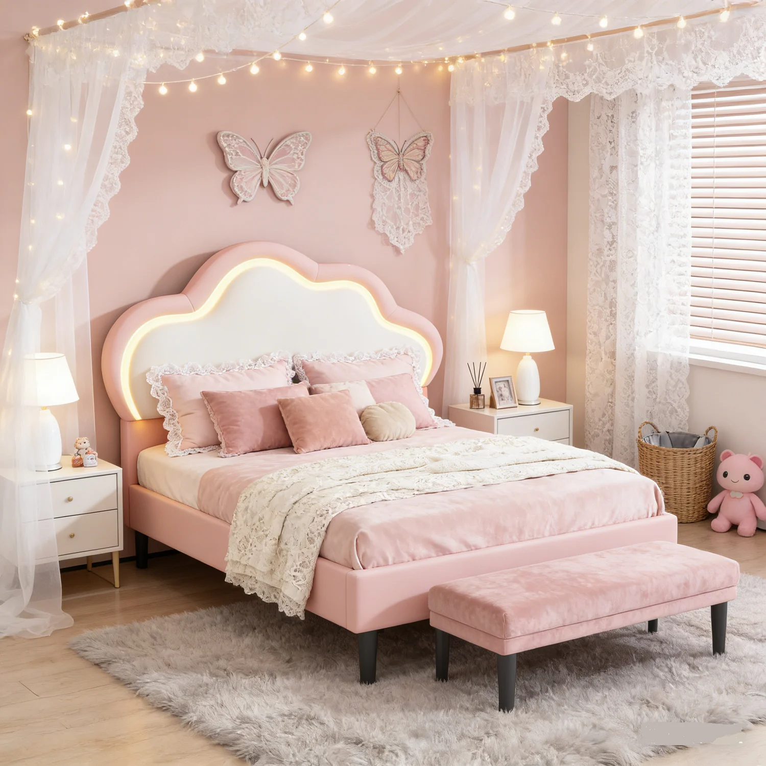 lit Enfant Fille 90x200cm, Lit Simple rembourré avec LED, Lit Princesse avec Tête de Lits Réglable en Hauteur en Forme de Nuages