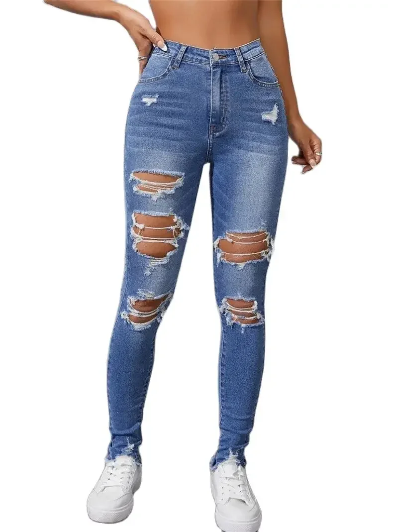 Gorąca wyprzedaż damska podarta obcisłe dżinsy rurki modna wysoka rozciągliwość Slim Fit podnośnik spodnie jeansowe ołówkowe casualowe spodnie damskie S-2XL — zdjęcie 2