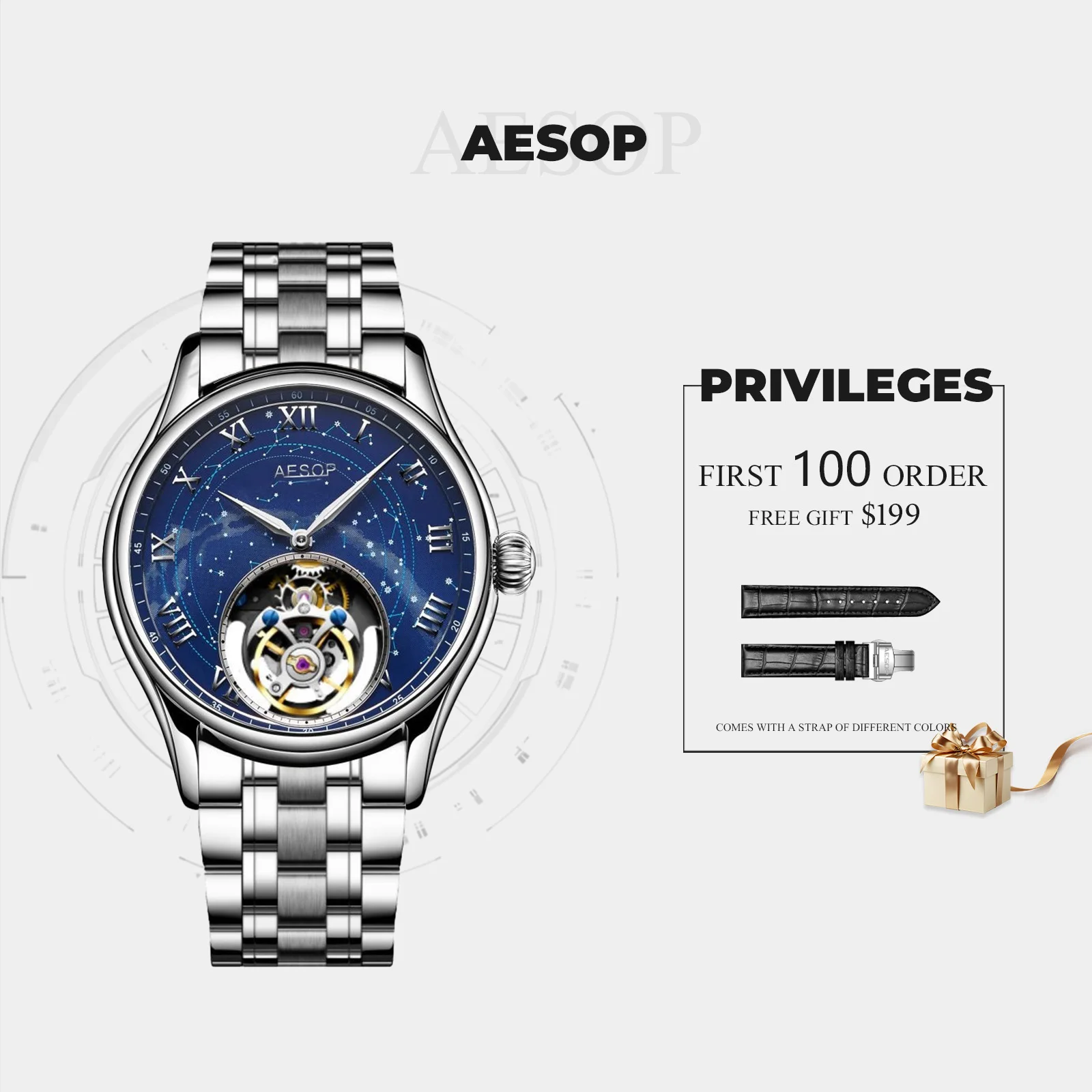 AESOP 럭셔리 스테인레스 스틸 뚜르비옹 시계 사파이어 중공 방수 비즈니스 자동 기계식 시계 남성용