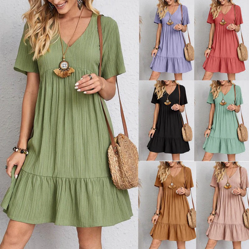 Damska mini sukienka Summer Casual Solid V Neck Ruffles A-line Dress Female Fashion Holiday Boho Loose Beach Elegant Dresses Vestido