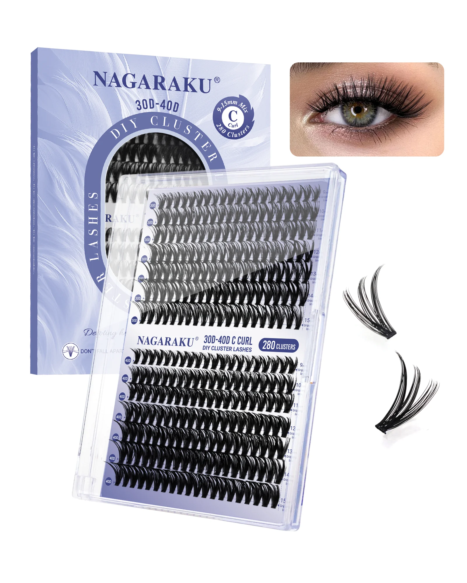 NAGARAKU 30 40P Cluster False Eyelashes 280 Set DIY Eyelash Extensions D Curl Mixed Lengths 9-15mm,