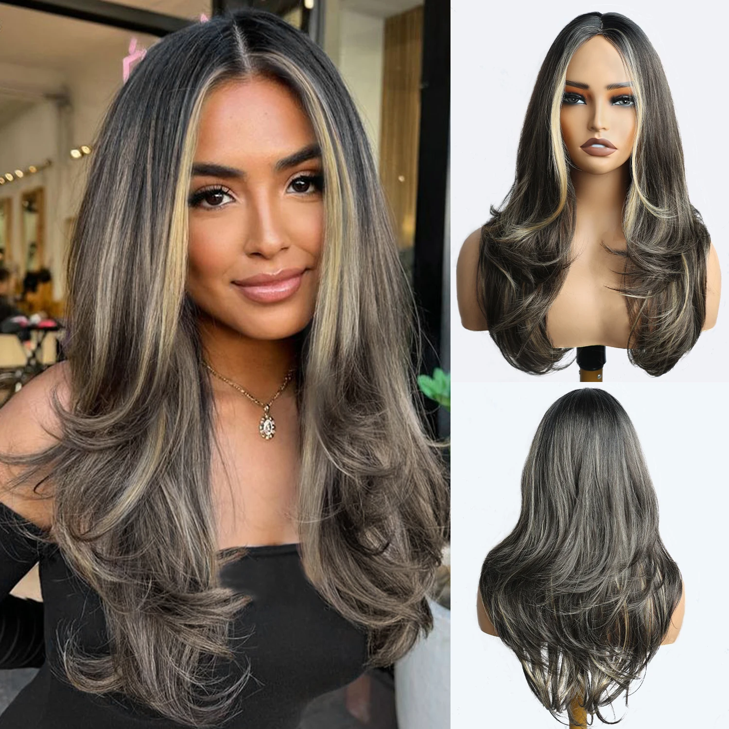 

24-inch gradient highlighted wavy wig, made of synthetic fibers, suitable for women's everyday wear.