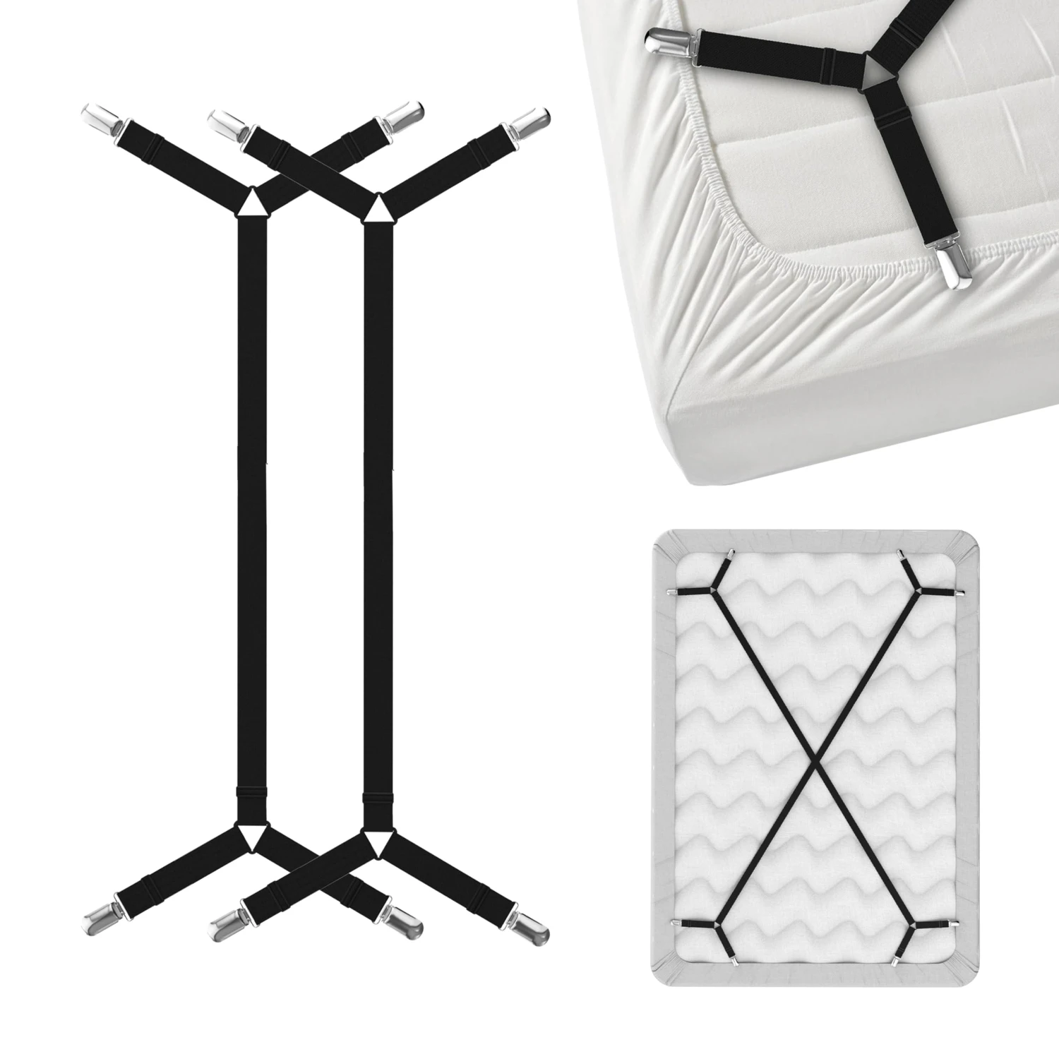 FeelAtHome 2Pcs Adjustable Criss Cross Bed Sheet Straps with Metal Clips Fitted Sheet Mattress Fasteners Black