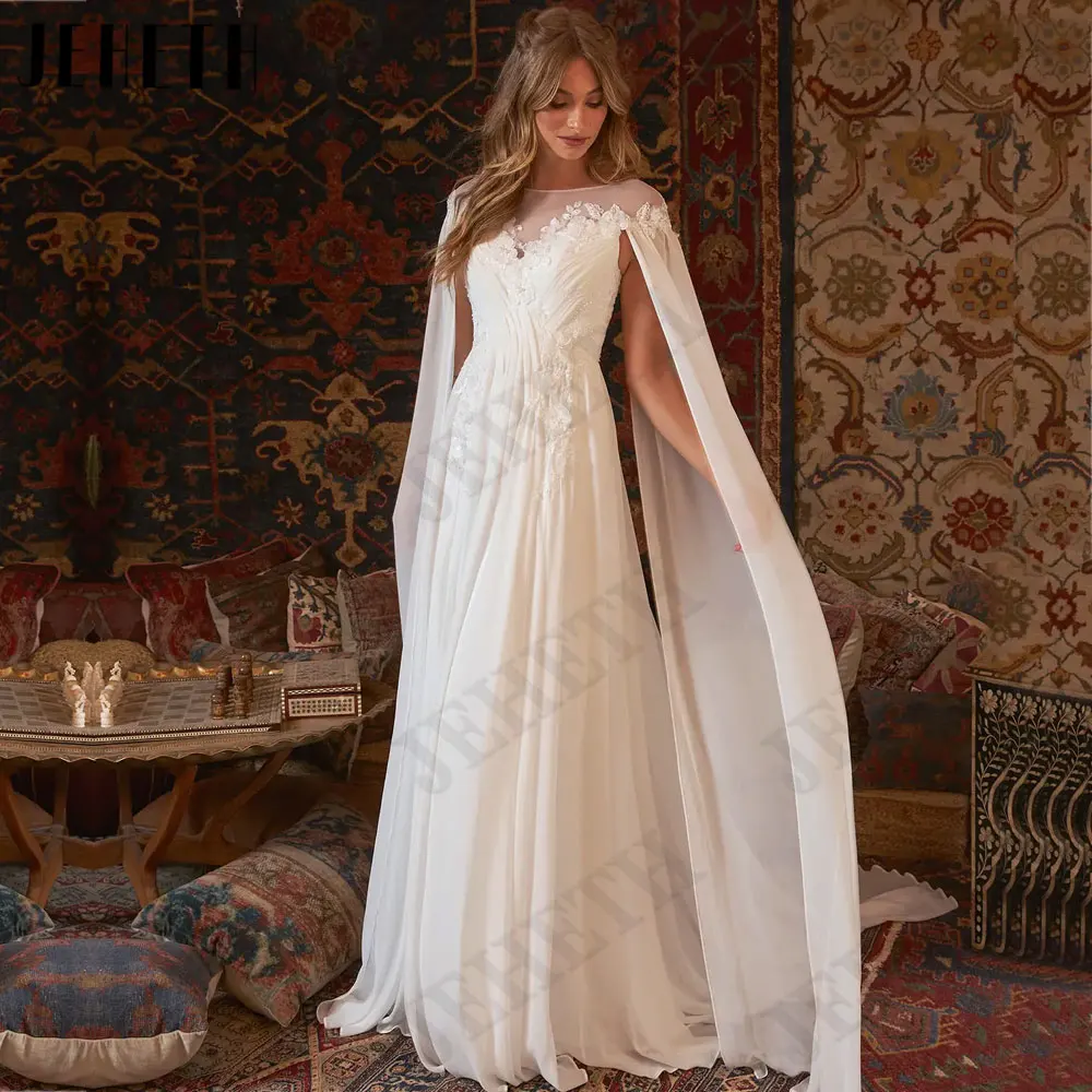 JEHETH Boho Chiffon O-Neck Wedding Dresses Appliques A-Line Backless Bride Gowns Sleeveless 2024 vestidos femenino Custom Made