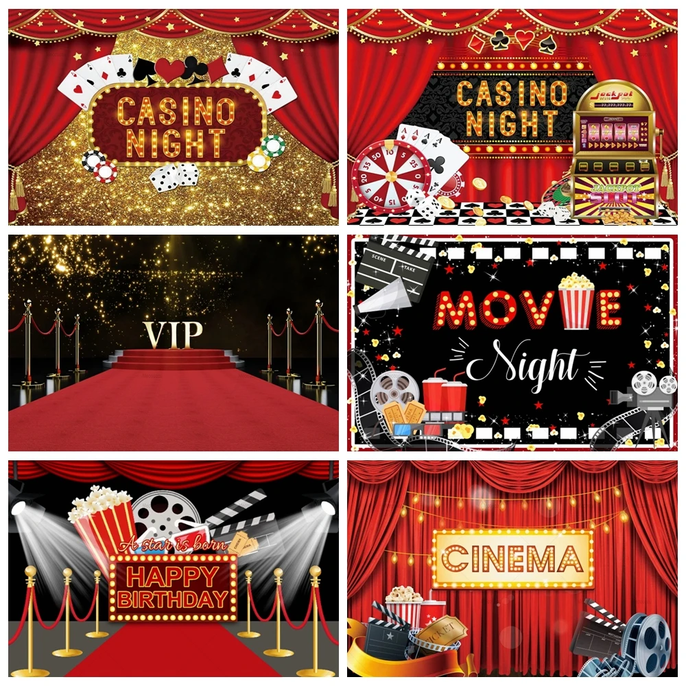 

Cinema Movie Night Theme Backdrop Red Carpet Film Event Star Casino Poker BabyAdult Birthday Party Background Custom Celebration