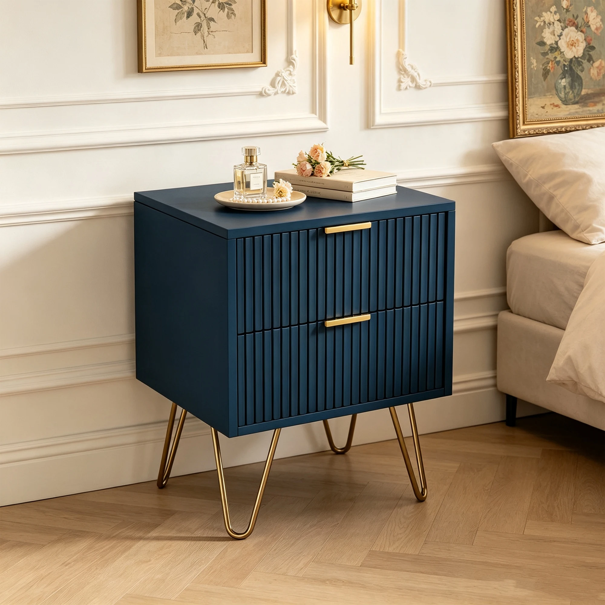 Comò Superaly con 2 cassetti, comodino moderno, credenza con gambe in metallo, tavolino da divano, tavolino laterale, mobile contenitore per camera da letto, soggiorno