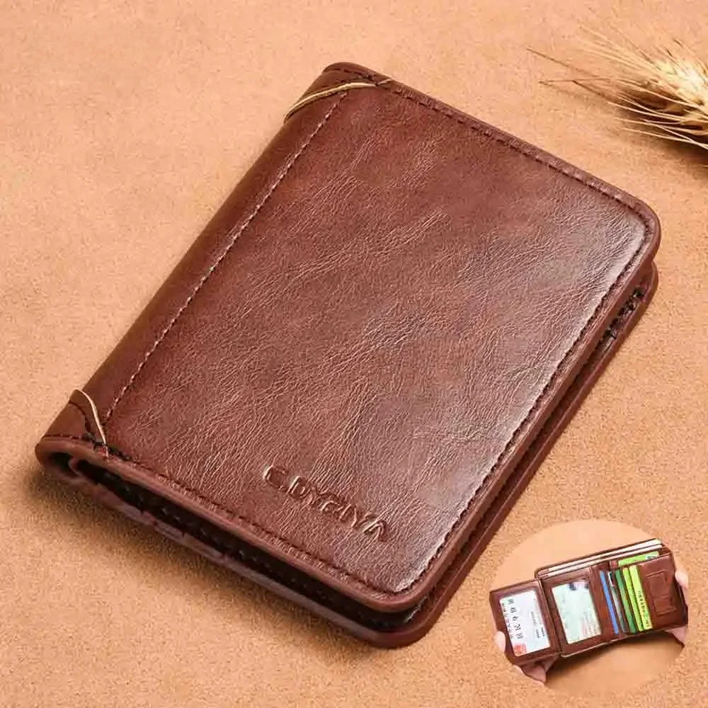 Portfel męski RFID prawdziwej skóry blokujący potrójnie składany portfel Vintage cienki, krótki wielofunkcyjny ID etui na karty kredytowe męska torebka pieniądze — zdjęcie 2