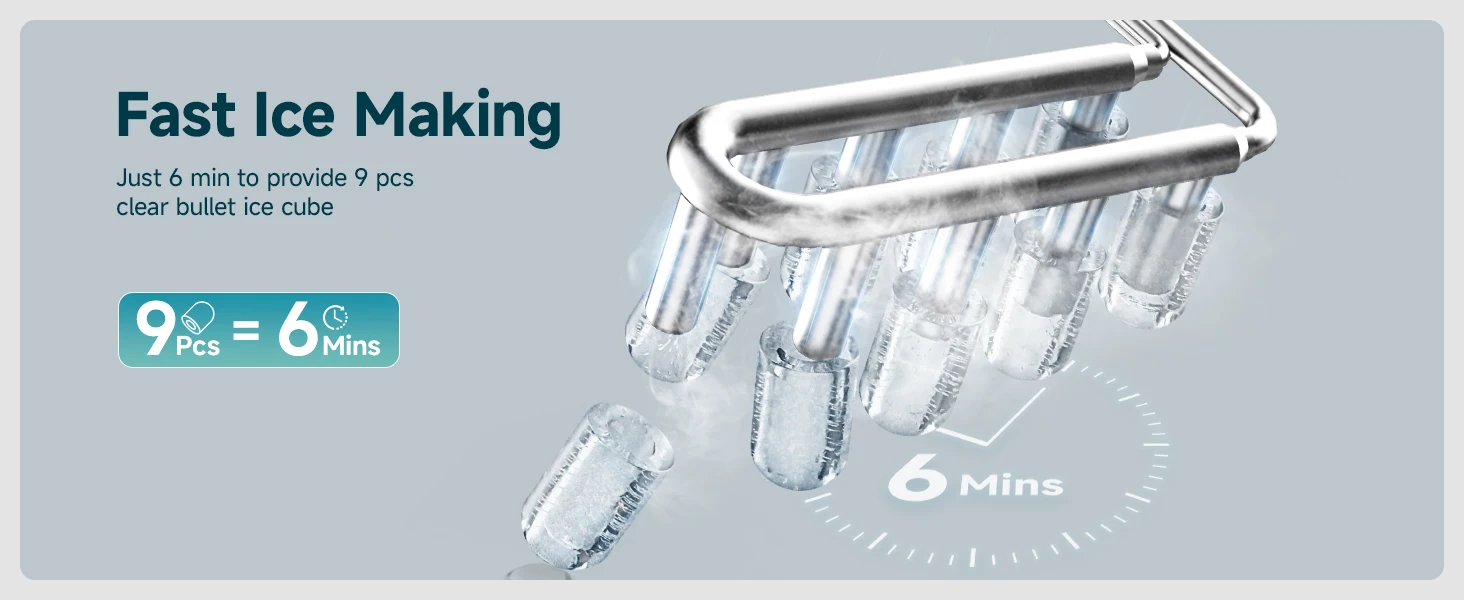 Kleine Eiswürfelmaschine Silber, 9 Würfel in 6 Min, 12kg/24H, 2 Eisgrößen & selbstreinigend für Haushalt/Bar – Detail 4