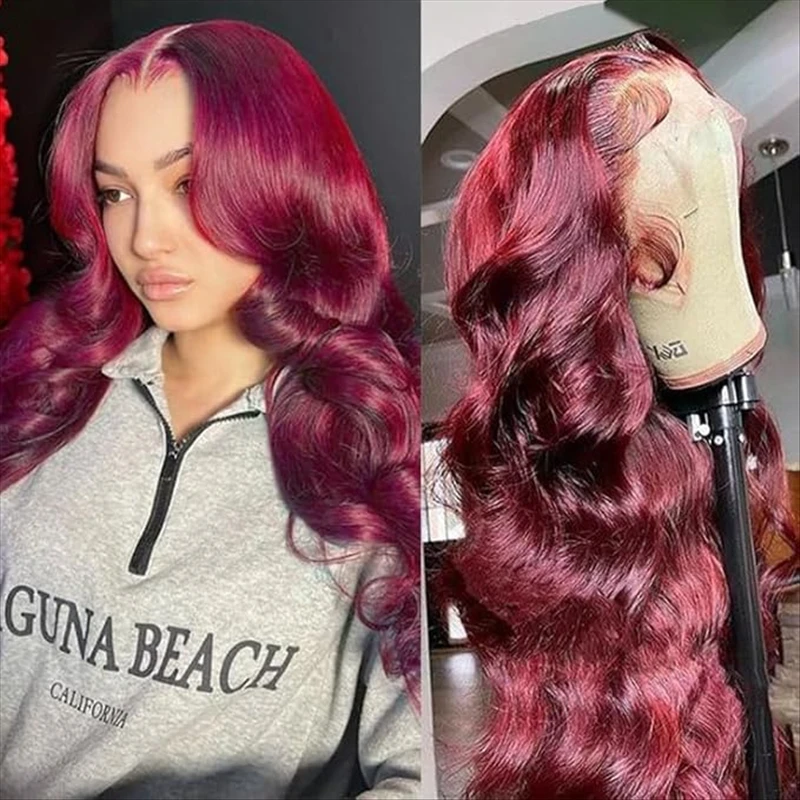 

99J Burgundy 13x4 Lace Front Human Hair Wig 180% Density Body Wave Glueless Red Wig 18 Inch For Black Women