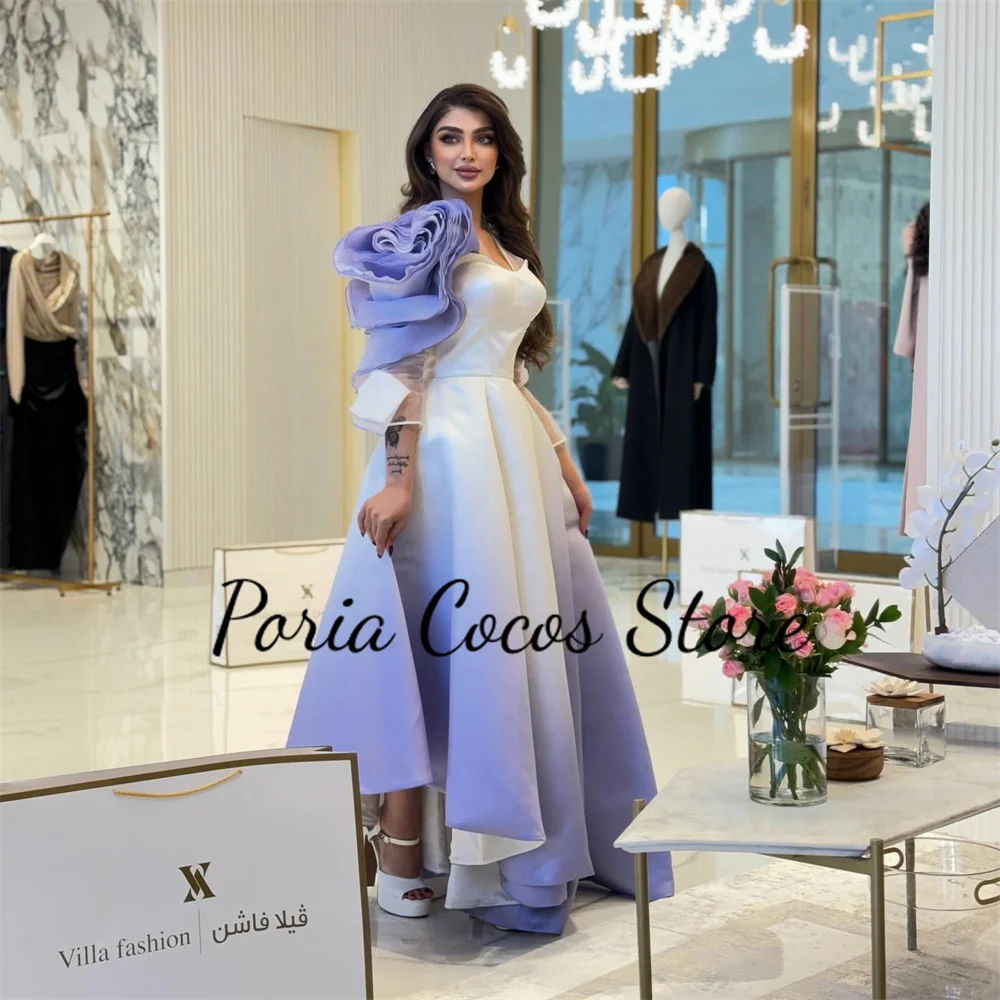 

Contrast Color Prom Gown Asymmetrical Halter Full Sleeves 3D Flower Princess Lovely Evening Party Dresses فساتين للحفلات الراقصة