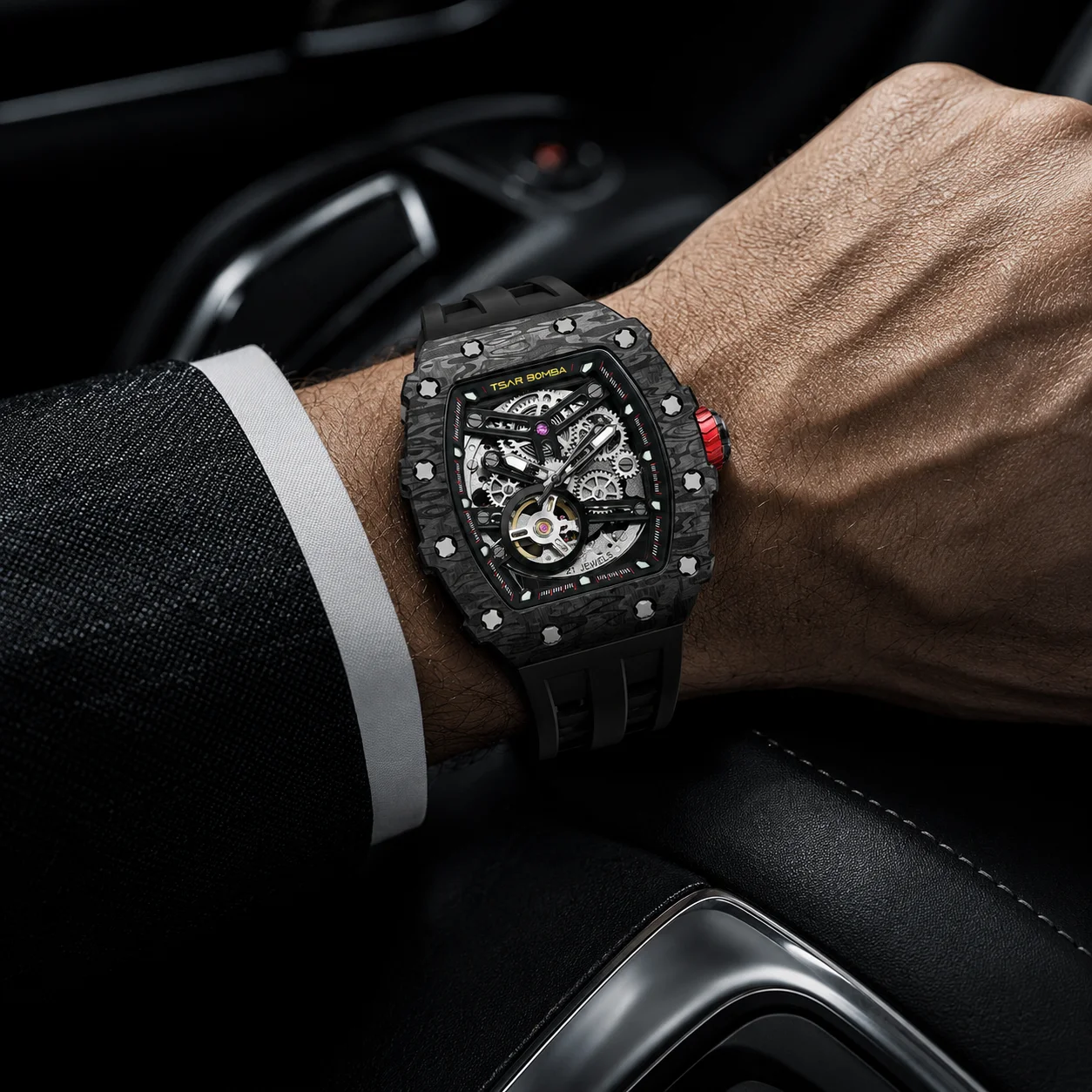 TSAR BOMBA Men's Automatic Watch, Mechanical Watch, Tonneau Watch, Skeleton Watch, Sapphire Crystal, 50M Waterproof Wristwatch