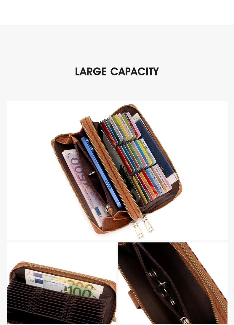 Stilvolle Damen-Langbörse mit Doppelreißverschlüssen, großer Kapazität, Akkordeon-Kartenhalter, Clutch, Retro-PU-Leder-Münzbörse, Unisex – Detail 4