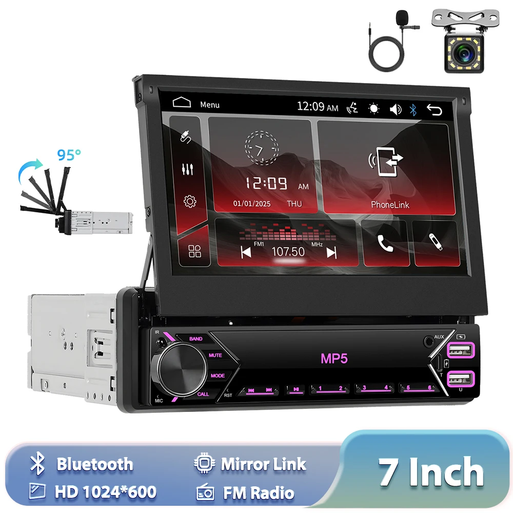 Podofo Wired Mirror MP5 Radio 7'' 1Din Car Stereo Radio Manual Retractable Screen Car Multimedia Player BT FM Radio Receiver image 3