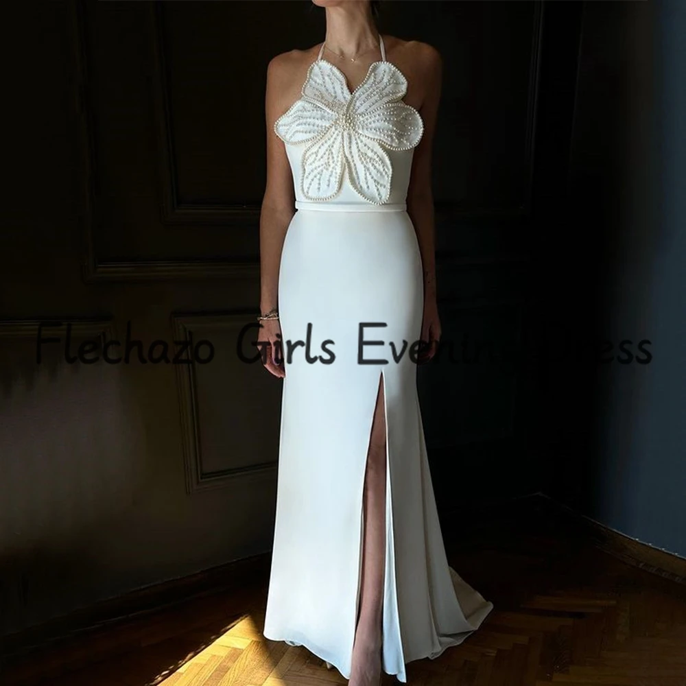 Flechazo Chic Halter Evening Dress Sleeveless Mermaid Side Slit Floor Length Belt Flower with Pearls Ladies Gowns Custom Made