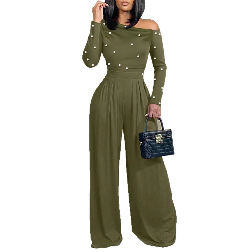 Wide Leg High Waist Pants Straight Leg Streetwear with Medium Weight Rhinestone Embellishment Full Length Summer Women Jumpsuit