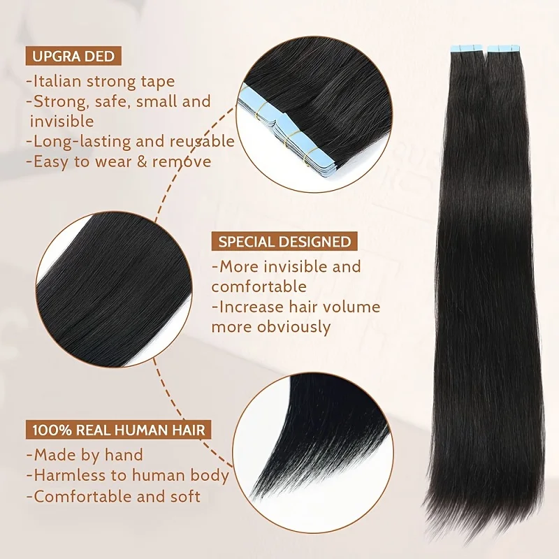 Alimice Tape in Hair Extensions Human Hair Jet Black 50g 20pcs Seamless Remy Straight Hair Invisible Tape in Hair Extensions