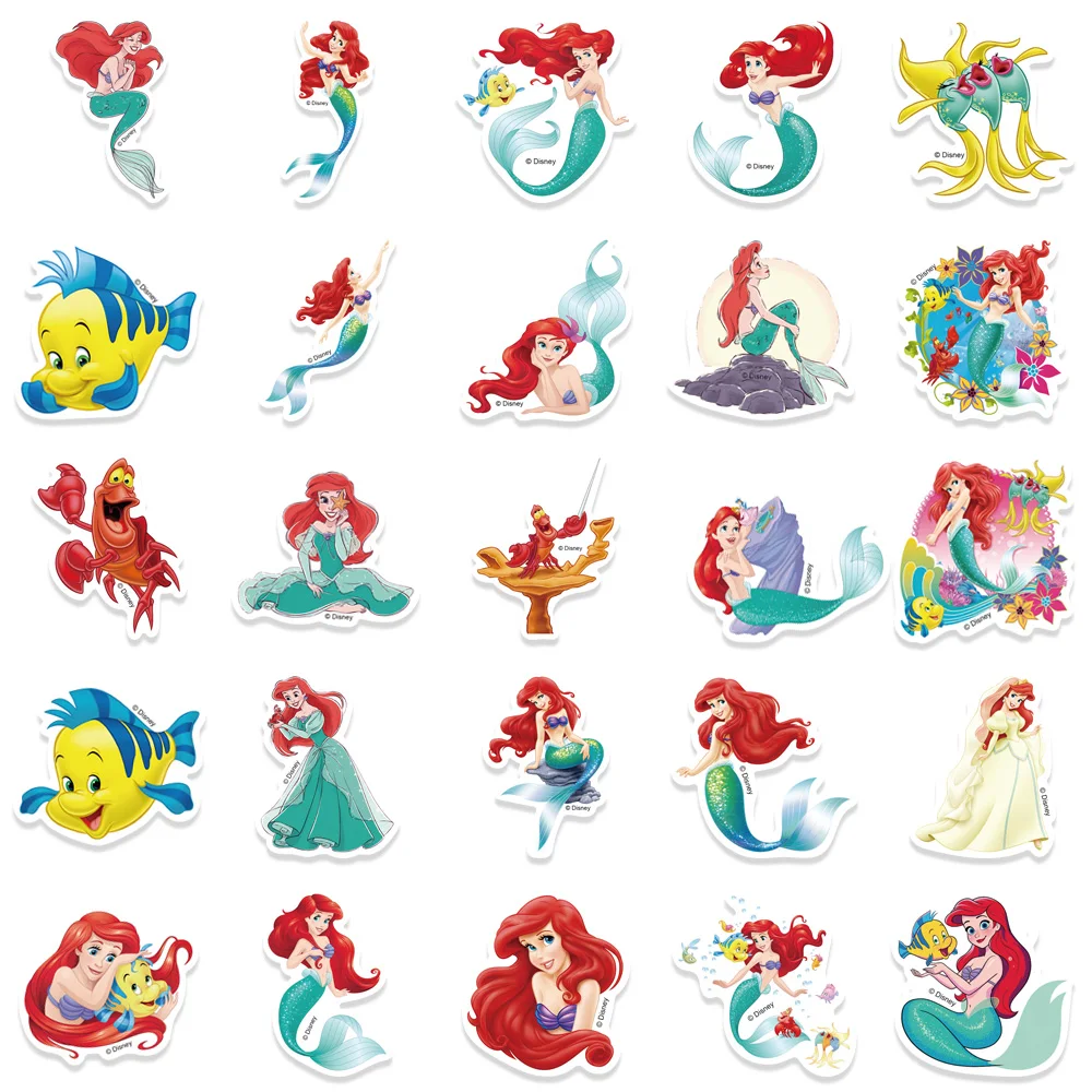 50pcs Disney The Little Mermaid Ariel Princess Stickers For Kids Laptop Luggage Skateboard Sticker Aesthetic Graffiti Decals Toy