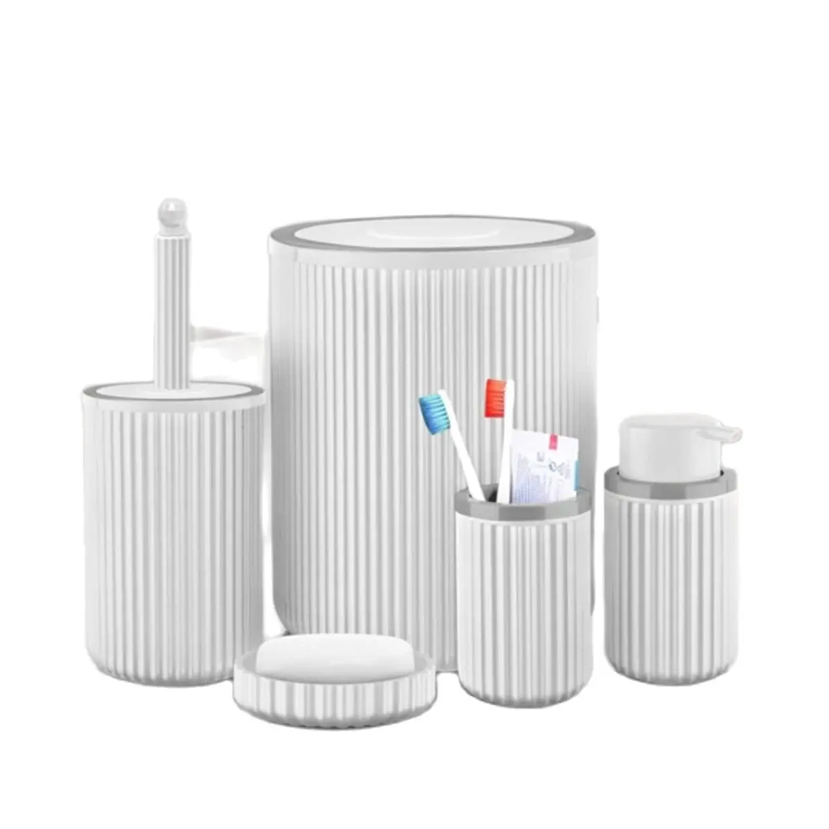 Bath Access Set White Plastic 5 Pcs Toothbrush Holder Liquid And Solid Soap Dispenser Toilet Brush Trash Can From Turkey