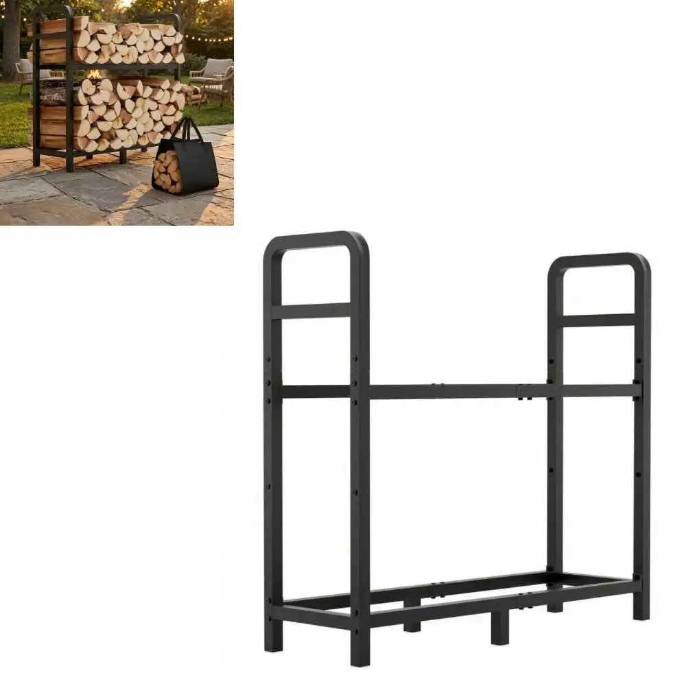 Steel Firewood Storage Rack Open-Frame Two-Tier Firewood Rack Steel Log Stand uncovered Frame Wood Stand Cylindrical Metal Holde
