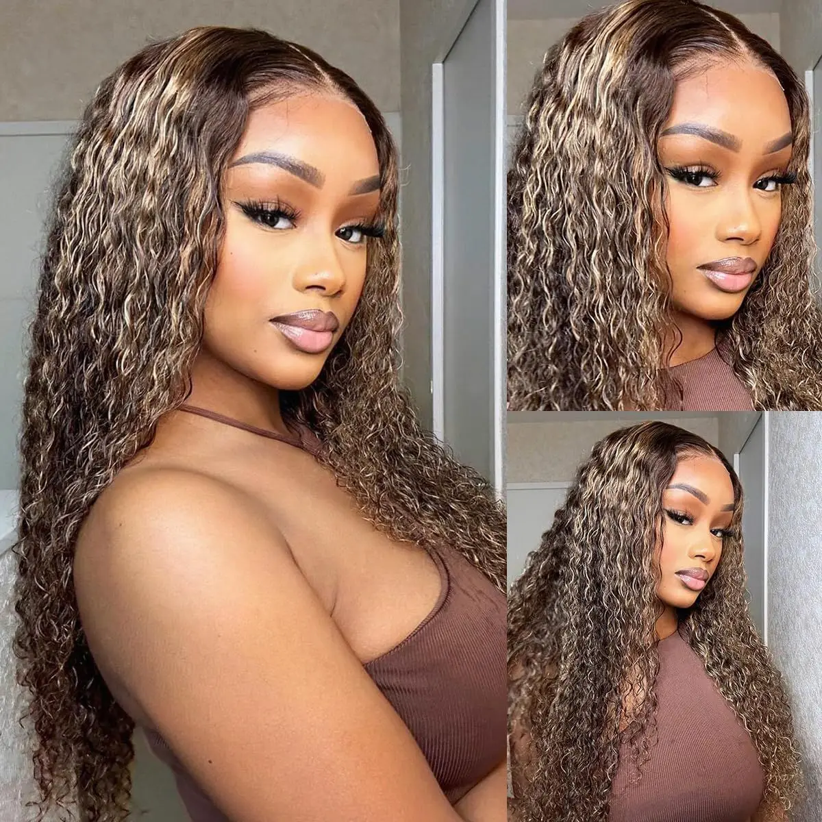 Perruque Lace Front Wig 4/27 naturelle bouclée, blond miel, 13x6, pre-plucked, avec baby hair, pour femmes