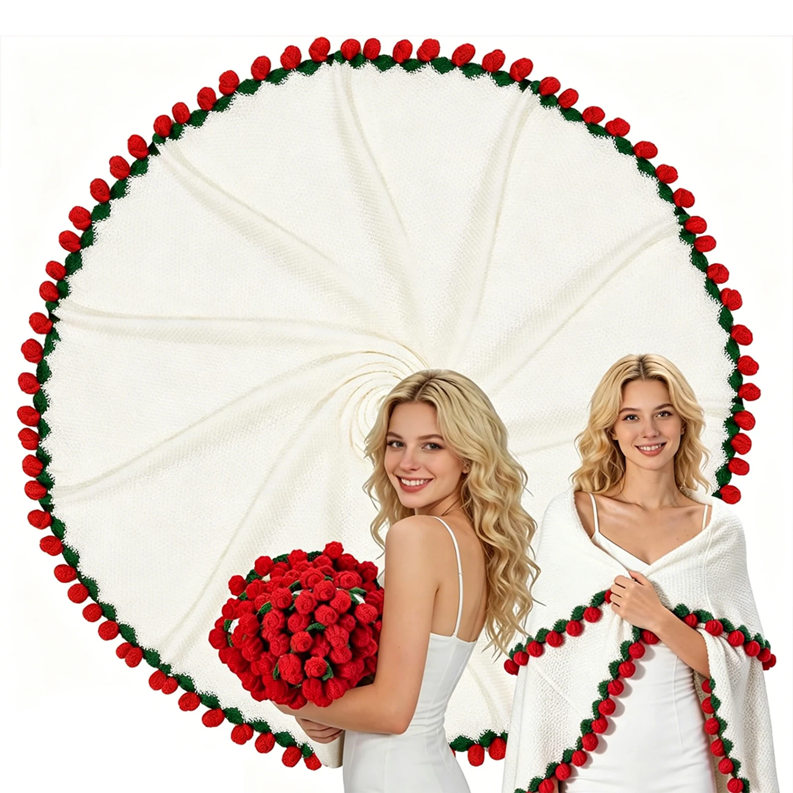 ROSEKIND 1pc Soft Crochet Rose Flower Bouquet Blanket, 63 Inch, 99 Flowers, Handmade Knitted Flower Throw Blanket, Realistic 3D Rose Detailing, Practical Gift For Friend Mom Family, Valentine's Day Anniversary Birthday, Stylish Home Decoration