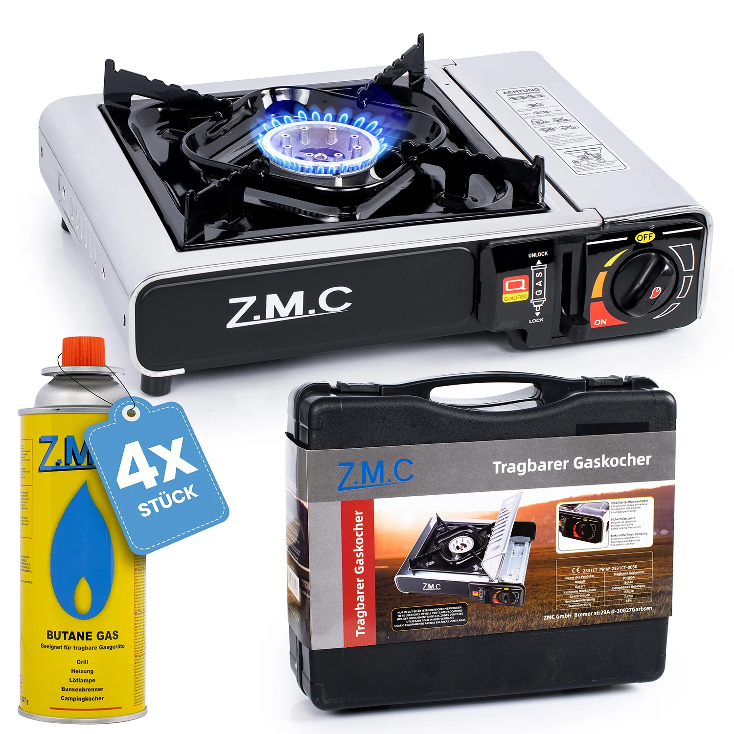 ZMC roestvrijstalen campingkachel 1-pits 2,2 kW met piezo-ontsteking & transportkoffer incl. 4x 227g gaspatronen - draagbare gasfornuis voor kamperen, picknick, festival, tuin & noodgevallen -