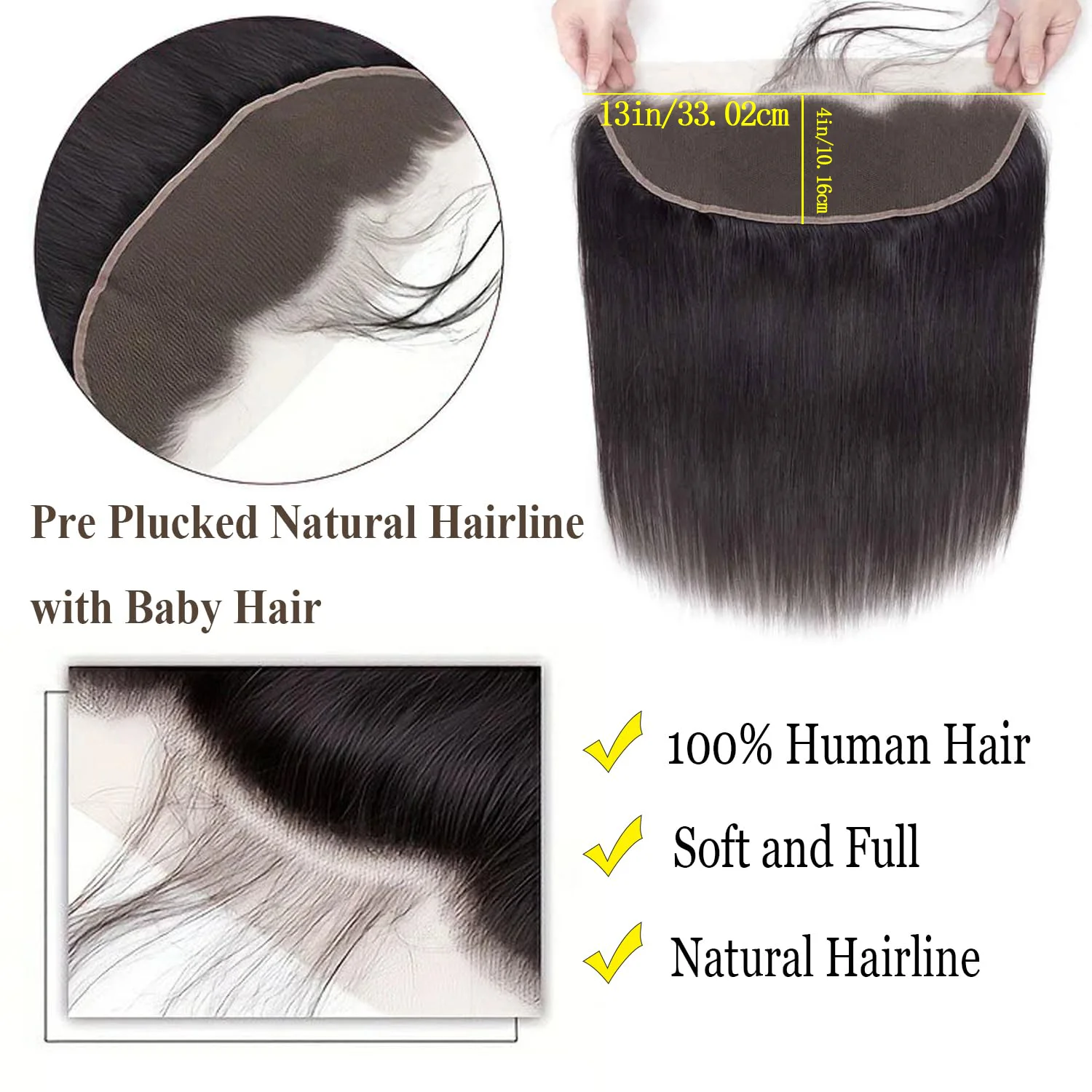 Renda frontal reta 13x4 renda frontal cabelo humano 150% densidade orelha a orelha renda frontal pré arrancada com cabelo do bebê cor natural