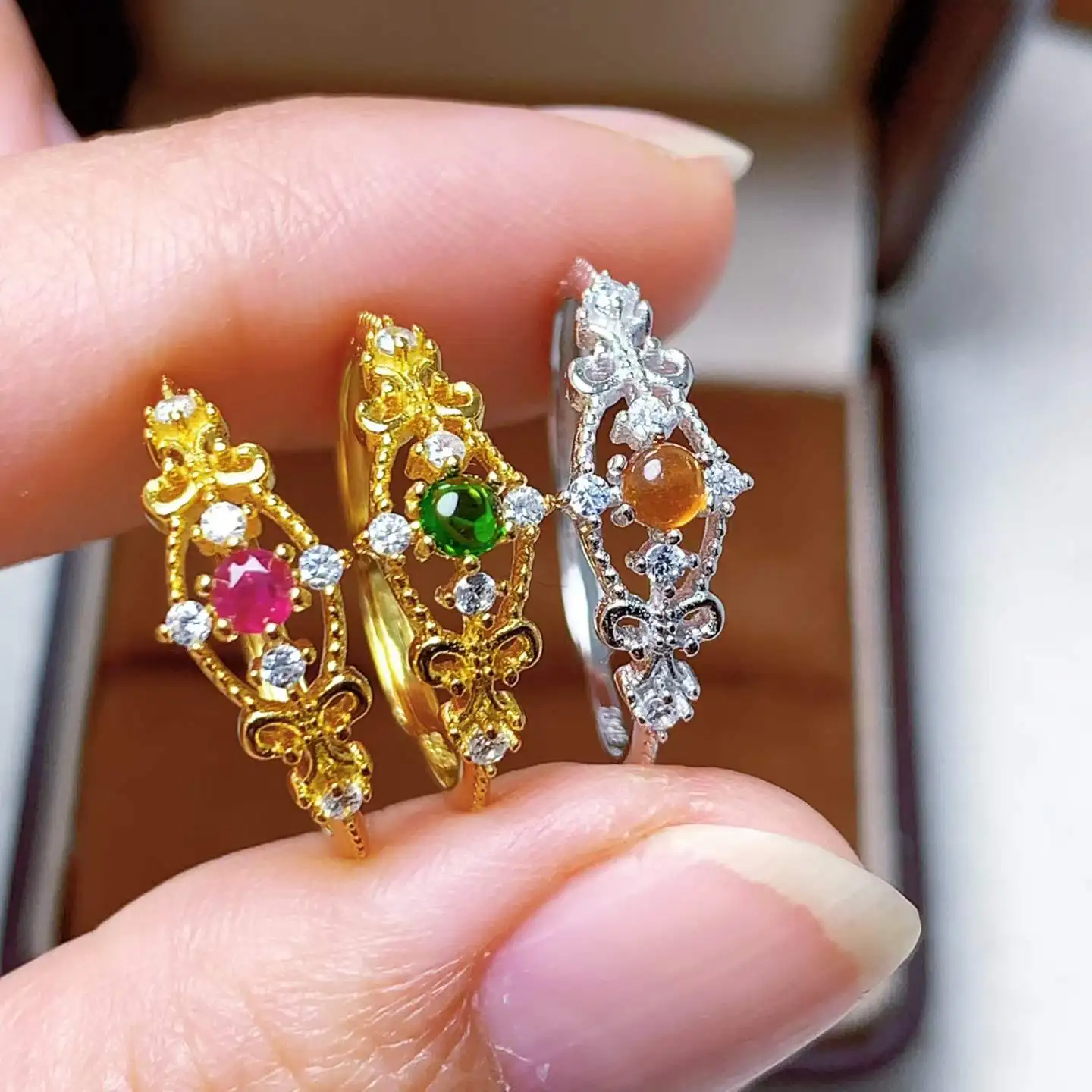 KJJEAXCMY Boutique Jewelry 925 sterling silver set with natural impurities free ruby, diopside, Fanta garnet, ladies' ring gift