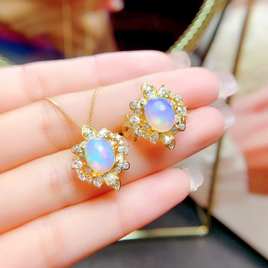 

KJJEAXCMY Girls' Jewelry 7x9mm Natural Opal Necklace Pendant Ring Set 925 Pure Silver Plated 18K Gold Clearance Sale Party Gift