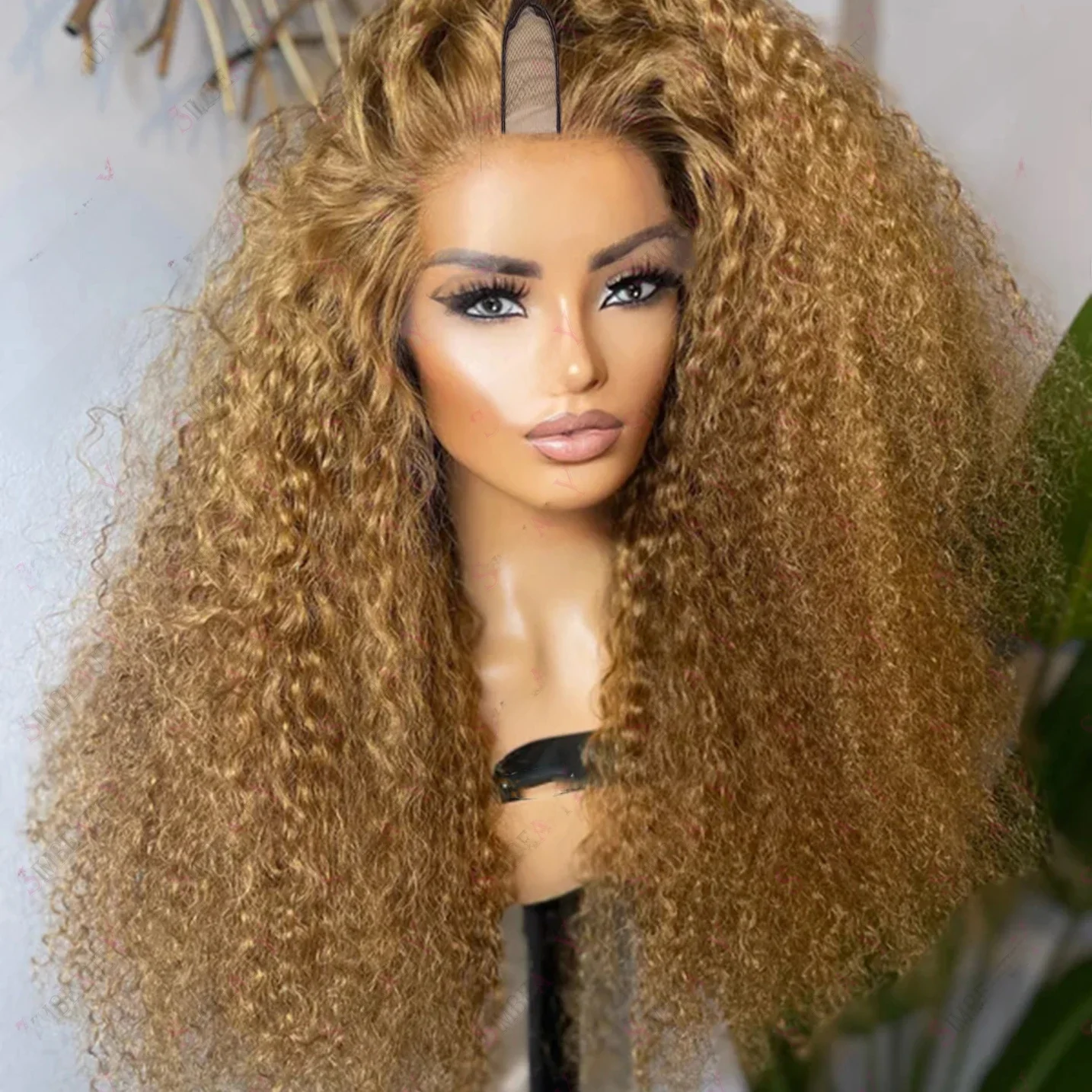 Highlights Honey Golden Blonde V-Part pruiken, kinky curly, onbewerkt 100% mensenhaar, ombre bruin, watergolf, U-vorm, volle uiteinden - afbeelding 2