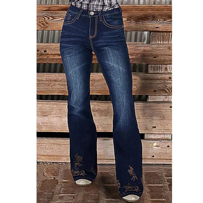 Cruel Hannah Slim Flare Cowgirl Chaps High Waist Horse Embroidery Stretchy Denim Jeans Butt Lifting Western Women's Trouser T55