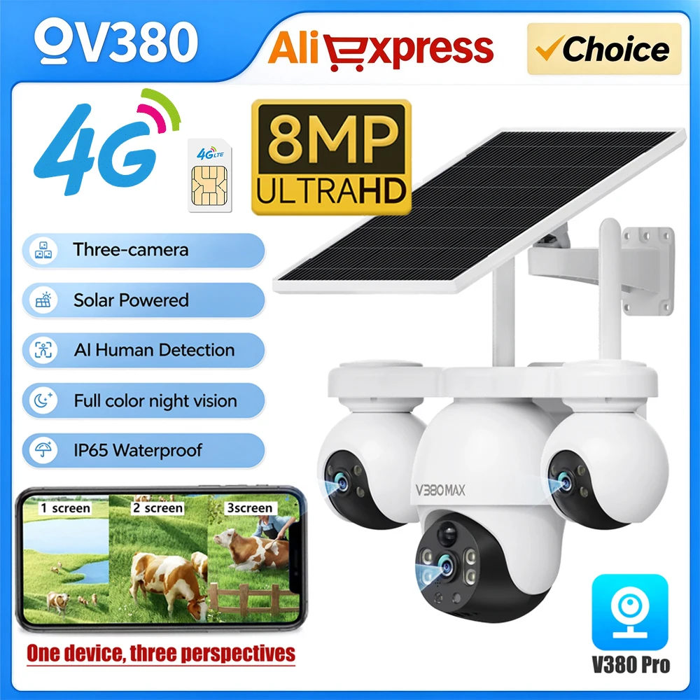 V380 Solar Camera Three Lens IP Camera 4G Security Camera  PIR Human Detection Color Night Vision IP65 Outdoor Wireless